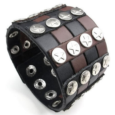 

hpolw широкий кожаный пентаграмма mens бэнгл наручники браслет, подходит 7,5 "до" черной браун