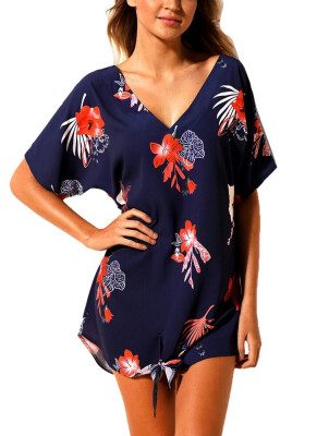 

2018 Women Beach Dresses Cover Ups Plants Print Tie Knot Mini Bikini Beachwear