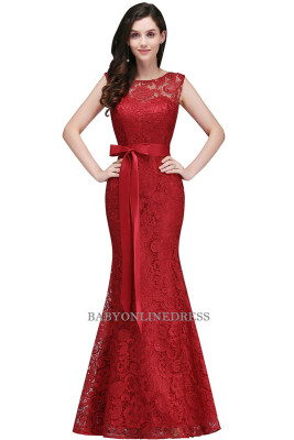 

Elegant Lace Mermaid Evening Dresses 2018 Sleeveless Formal Party Dresses With Belt