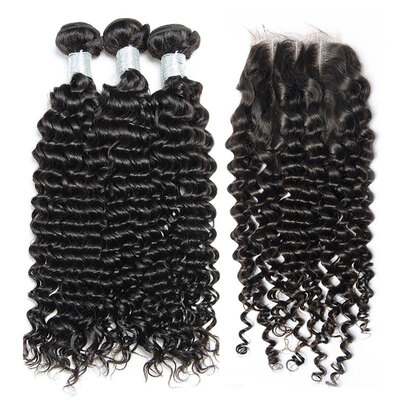 

8A Indian Curly Virgin Hair With Closure 4 Pcs Lot 100 Indian Remy Human Hair Weaves 3 Bundles And Lace Closures Natural Black 1B
