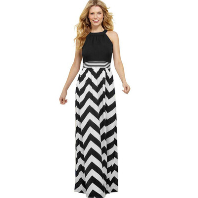 

Buenos Ninos Women Wave Stripe Dress High-waist Stitching Halterneck Vestidos