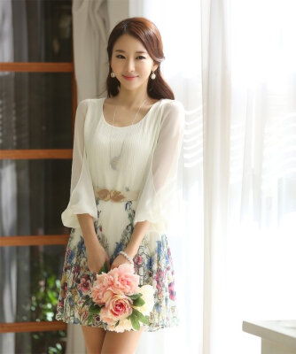 

New Fashion Womens Chiffon Floral 34 Sleeve Summer Casual Dress Beach Sundress With Belt