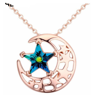 

Star And Moon Pendant Necklace MADE WITH Austrian Crystals From Swa Elements For Women Gift Rose Gold Plated 23547