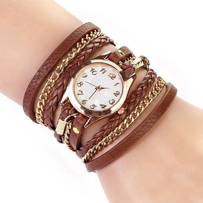 

Women's Charm Chic Candy Vintage Weave Wrap Rivet Leather Bracelet Wrist Watch BROWN