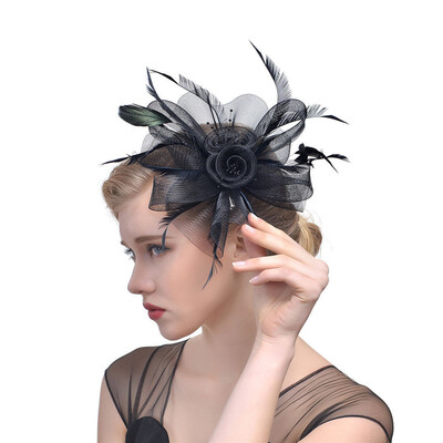 

Elegant Women Feather Fascinator Flower Veil Top Hat Headband Wedding Party