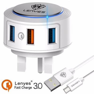 

3 Port Quick Charge QC30 wall plug adapter UK Wall Plug Portable Adapter with Power Suitable for Samsung S9 S9 with Type C Cable