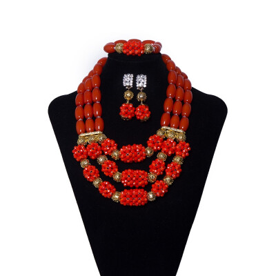 

3 Rows Red Imitation Coral Beads African Jewelry Set Nigerian Wedding Bridal Beads African Crystal Beads Jewelry Set Necklace