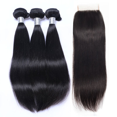 

9A Peruvian Virgin Hair Straight With Lace Closure 3 Bundles Peruvian Remy Human Hair Weaves And Closures 4 Pcs Lot Natural Black