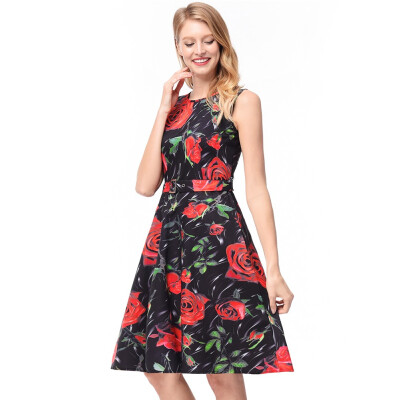 

Women Elegant Vintage Rose Floral Print High Waist Midi Flare Dress 2018 Plus Size Vestido Beach Holiday Robe de Festa