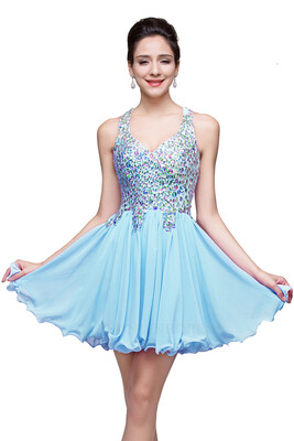 

2018 A-line Sweetheart Short Sleeveless Chiffon Prom Dresses with Crystal Beads