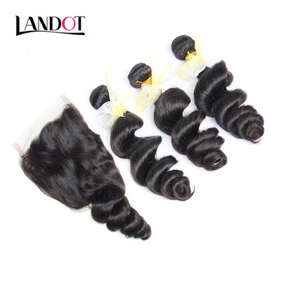 

8A Brazilian Loose Wave Virgin Hair With Closure 4PcsLot Brazilian Loose Curly Wavy Human Hair Weaves 3 Bundles And Lace Closures