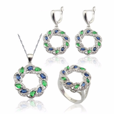 

Circle Blue&Green Stone Bridal Jewelry Sets For Women Necklace Dangle Drop Earrings Ring Free Gift Box