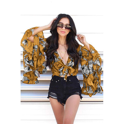 

Try Everything Long Sleeve Ruffle Blouse Women Summer 2018 Bandage Fashion Summer Tops for women V-Neck Floral Print Sexy Blouse
