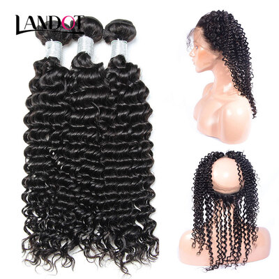 

8A 360 Lace Frontal Closure With 3 Bundles Peruvian Curly Virgin Human Hair Weaves 4 Pcs Natural Black Indian Remy Hair Extensions