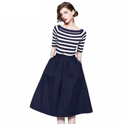 

QUZIHUA 2018 Office Lady 2 Piece Knit Striped T-shirt Blue A-line Skirt Slim Waist Women Casual Sets
