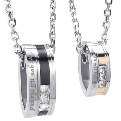 

Hpolw 2pcs Mens&Womens silver&black Stainless-Steel Cubic-Zirconia Couples Love You Till Be The End Pendant Love crystal ring