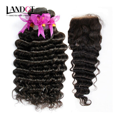 

8A Brazilian Virgin Hair Deep Wave With Closure 3 Bundles Brazilian Curly Human Hair Weave And Lace Closure 4Pcs Lot Natural Black