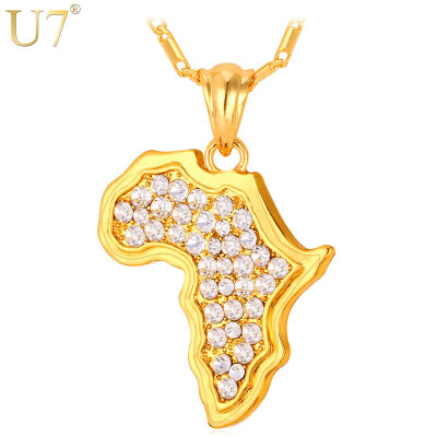 

U7 "18K" Stamp 18K Real Gold Plated African Fashion Jewelry Women/Men Gift Trendy Rhinestone Africa Map Pendant Necklace