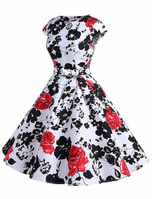 

Vintage Women Floral Printed Swing Cocktail Party Dress Summer Short Sleeve Hebborn Style Dress