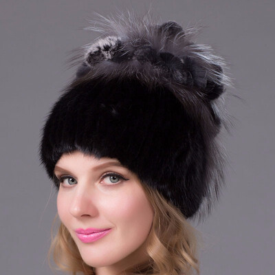 

Real mink cap women with fur lining knit cap knitted with puffed rugs Russian style fox fur mink fashion knitted hats good quali