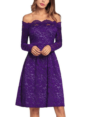 

Vintage Lace Off the Shoulder Long Sleeve A Line Pleated Dress Homecoming Dress