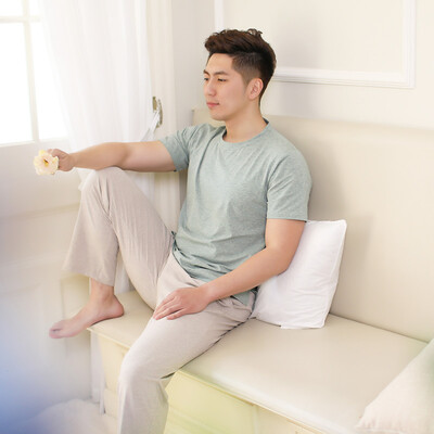 

Haizhining 18032 Pajamas Mens Summer Thin Solid Color Foundation Short Sleeve Pants Home Service Set Pink Green Beige 185