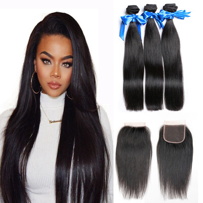 

WYF Brazilian Virgin Hair Straight Hair 3 Bundles 100 Unprocessed Human Hair with Closure