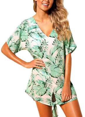 

2018 Women Beach Dresses Cover Ups Plants Print Tie Knot Mini Bikini Beachwear