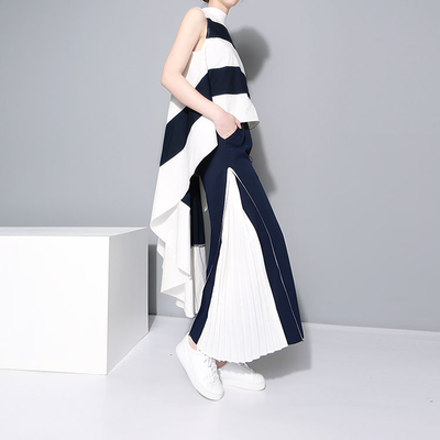 

QUZIHUA 2018 New Summer Blue And White Striped Loose Sleeveless Asymmetrical Fashion Casual Dress For Women Summer