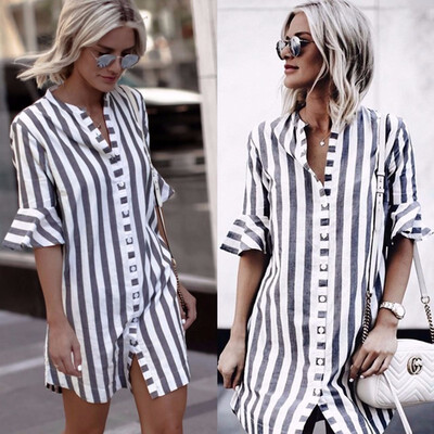 

Fashion Women Black&white Striped Mini Dress Women Casual Button Shirt Dress