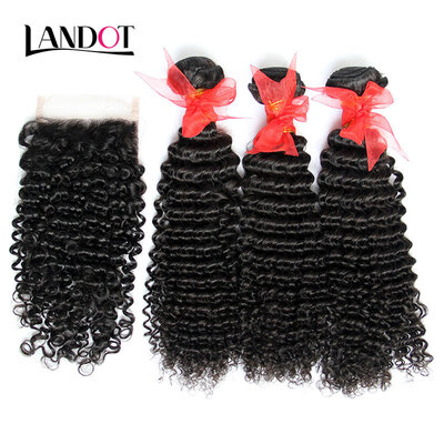 

9A Lace Closure With 3 Bundles Indian Curly Virgin Human Hair Weave 4PcsLot Afro Kinky Curly Remy Hair And Closures Natural Black