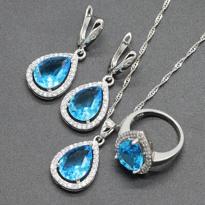 

Fashion Water Drop Multicolor Rainbow Stone Silver Plated Jewelry Sets for Women Seven Colors Available Free Jewelry Box