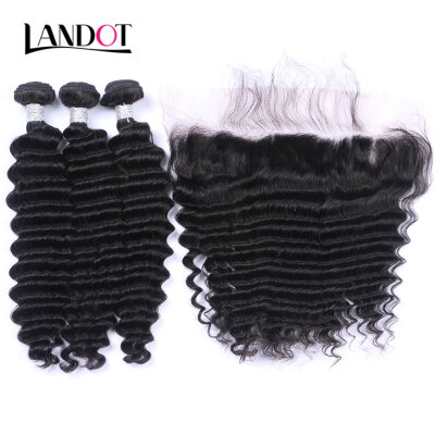 

8A Indian Deep Wave Curly Virgin Hair With Ear To Ear 13x4 Lace Frontal Closure 3 Bundles Human Hair Weaves And Closures 4 Pcs Lot