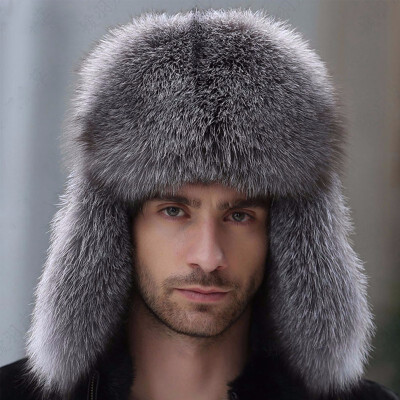 

Russian leather bomber leather hat men winter hats with earmuffs trapper earflap cap man real raccoon fur black fox hatska