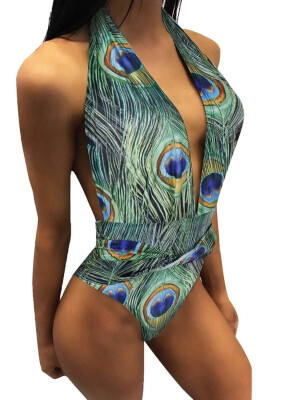 

2018 Print Halter Swimsuit Deep V Neck Sleeveless Backless One Piece Swimwear