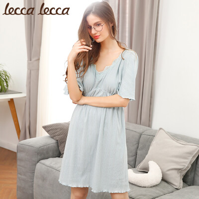 

Lecca lecca nightdress female spring&autumn V tie chest pad lotus leaf sleeve skirt pajamas female sweet home service LC182MB-WL329 gray blue s