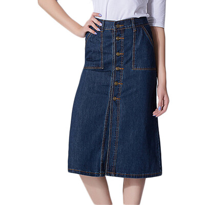 

Tissbely Button Knee Length Skirt Jeans Women A Line Empire Mid Calf Denim Skirt Prairie Chic Style Vintage Higt Waist Jeans