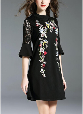 

Floral Embroidered Front Lace Flared Half Sleeves Shift Dress Homecoming Dress