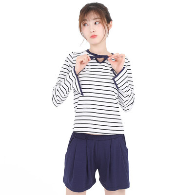 

Haizhining 17W45 pajamas ladies V-neck striped long-sleeved shorts summer wearable home service suit two-piece white stripes 160