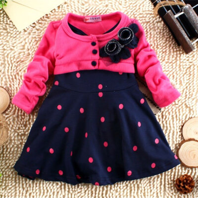 

New 1-6 Years Children Clothes Corsage Girl Dresses Baby Princess Flower Long Sleeve Polka Dots Mini Dress