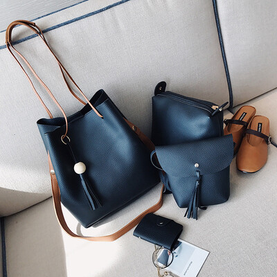 

New Type Bucket Four Piece Suit Bag Pu Solid Color Bag Ladies Handbag 8 Colors