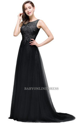 

Scoop Neck Lace Long Evening Dresses Tulle Applique Robe De Soiree Floor Length Formal Gowns Prom Party Dresses