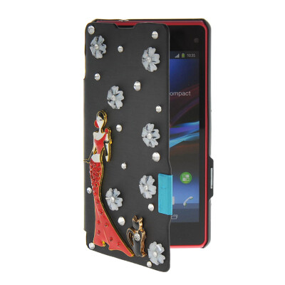 

MOONCASE Rhinestone Crystal Ultre Slim Leather Side Flip Wallet Shell Back ЧЕХОЛ ДЛЯ Sony Xperia Z1 Compact (Mini) Black