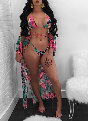 

2018 Floral Print Halter Cross Bandage Top Bottom Bikini Cover Up Swimwear