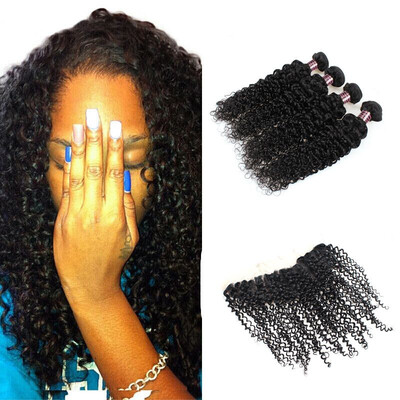 

Ishow 7A Kinky Curly Bundles with Frontal Closure Malaysian Virgin Hair Good Quality Bundles with Ear to Ear Lace Frontal curly