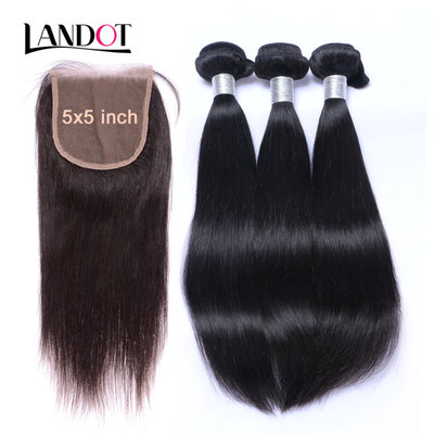 

8A Size 5x5 Lace Closure With 3 Bundles Peruvian Virgin Hair Straight 4 Pcs Lot 100 Human Hair Weaves And Closures Natural Black
