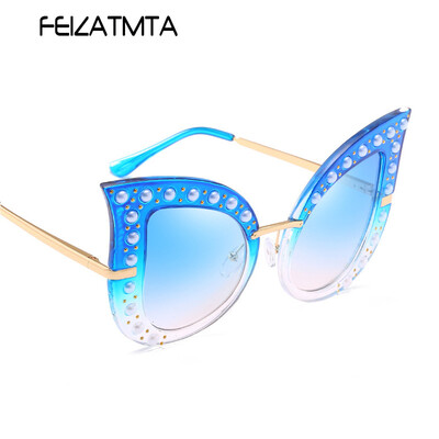 

FEIZATMTA Cat Eye Солнцезащитные очки Женские Роскошные Большие Рамки Солнцезащитные Очки Мода Жемчужные Заклепки Декоративные Очки Женские Окулусы UV400