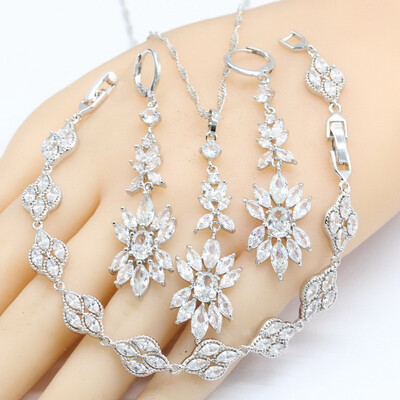 

White Cubic Zirconia Silver Color Jewelry Sets For Women Long Earrings Necklace Pendant Bracelet Set