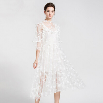 

Tulle Womens Dress Embroidery Puff Sleeve Tunic High Waist Palazzo Midi Dresses 2018 Summer Fashion Vintage New