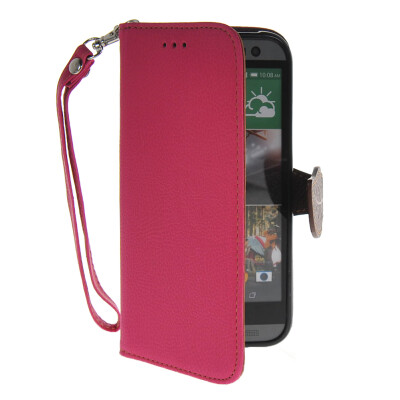 

MOONCASE Litch Skin Leather Side Flip Wallet Card Holder Pouch with Kickstand Shell Back Case Cover for HTC One M8 Hot pink